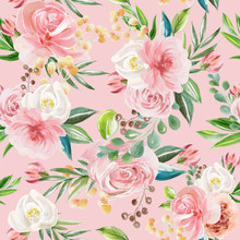 Beautiful Floral Seamless, Tileable, Watercolor Pattern Roses And Peonies On Pink Background