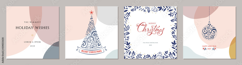 Merry Christmas greeting cards. Trendy abstract square Winter Holidays art templates. - obrazy, fototapety, plakaty 