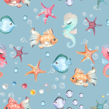 Cute And Beautiful Seamless Pattern - Fishes, Seahorses And Starfishes. Underwater Life