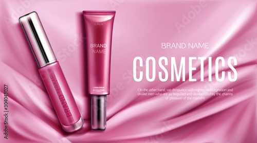 Cuadros en Lienzo Lip gloss, liquid lipstick tubes with silver caps top view, make up cosmetics beauty product mockup banner on pink silk draped fabric background