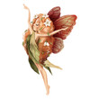 Leinwandbild Motiv Cute hand drawn fairy with owl in floral wreath, flowers bouquet, woodland watercolor illustration