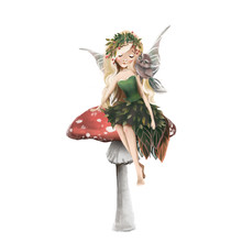 Cute Hand Drawn Fairy In Floral Wreath, Sitting On Mushroom, Woodland Watercolor Illustration