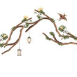 Beautiful hand drawn tree with flowers, lanterns and bird