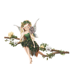 Cute hand drawn fairy in floral wreath, sitting on the tree, woodland watercolor illustration