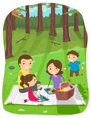 Canvas Print - Stickman Family Forest Picnic Illustration