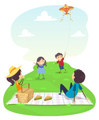 Sticker - Stickman Family Picnic Flying Kite Illustration