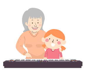 Wall Mural - Senior Grandma Kid Girl Piano Lesson Illustration