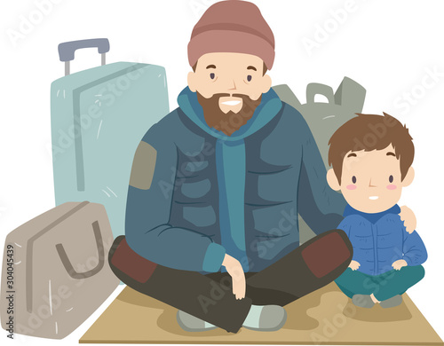Kid Boy Dad Man Homeless Sitting Illustration
