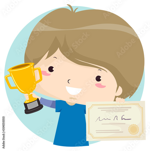 Kid Boy Winner Trophy Certificate Illustration