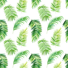  seamless pattern, watercolor tropical leaves on isolated white background, digital paper