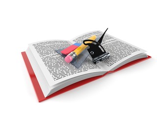 Canvas Print - School tools on open book