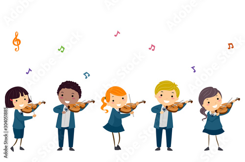 Stickman Kids Play Violin Uniform Illustration