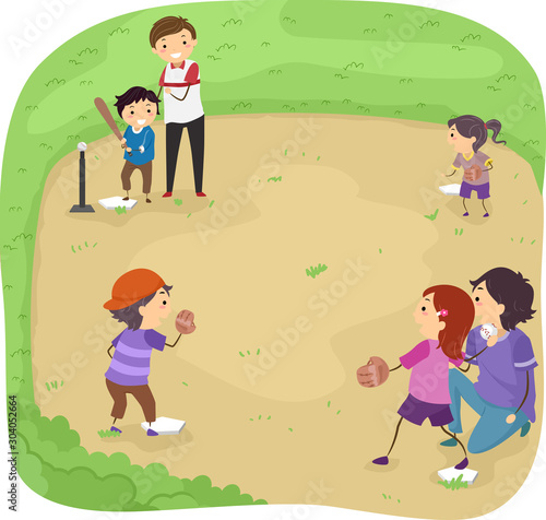 Stickman Kids Play Tee Ball Field Illustration