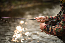 Close-up View Of The Hands Of A Fly Fisherman Working The Line And The Fishing Rod While Fly Fishing On A Splendid Mountain River For Rainbow Trout
