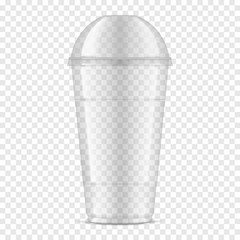 Wall Mural - Clear empty glossy plastic cup with dome lid on transparent background, realistic mockup. Disposable takeaway drink container, vector template