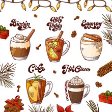 Winter Hot Drinks. Set Of Hand Drawn Sketch. Can Be Used For Bar Menu, Card, Flyer, Poster. Christmas Lettering. Vector Illustration