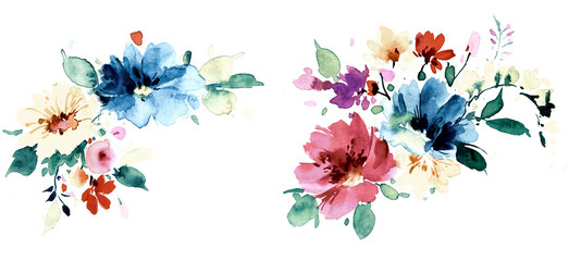  Flowers watercolor illustration.Manual composition.Big Set watercolor elements.
