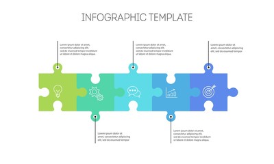  Tabela pozioma z 5 połączonymi elementami układanki. Szablon projektu liniowy plansza.