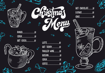 Christmas menu with hand drawn hot drinks. Sketch decoration for your design. Brush modern calligraphy. Vector illustration