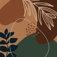 Wall Mural - abstract print plants and palm leaf line and geometric shapes in a minimal trendy art in broun color