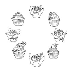 Sketch Cupcakes and muffins round frame. Set of hand drawn cakes. illustration of baking. Cafe doodle menu.