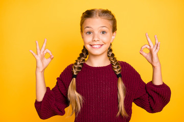 Sticker - Close-up portrait of her she nice attractive winsome girlish charming lovely cheerful cheery pre-teen girl showing ok-sign isolated over bright vivid shine vibrant yellow color background