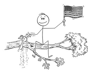 Wall Mural - Vector cartoon stick figure drawing conceptual illustration of man waving the flag of United States of America or USA, and cutting with saw the tree branch on which he is sitting.