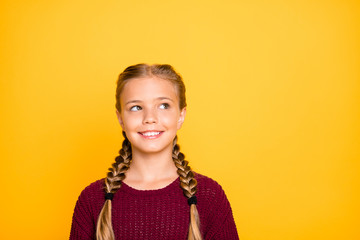 Sticker - Close-up portrait of her she nice attractive charming lovely cute cheerful cheery pre-teen girl creating new idea isolated over bright vivid shine vibrant yellow color background