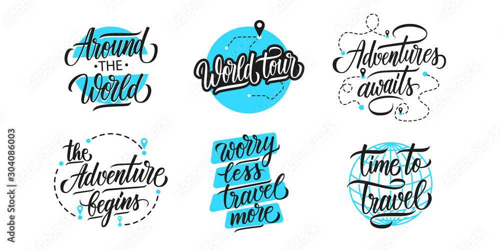Travel, adventure, vacations lettering set. Handwritten phrases, slogans or quotes. Calligraphic elements for your design. Vector illustration. - obrazy, fototapety, plakaty 