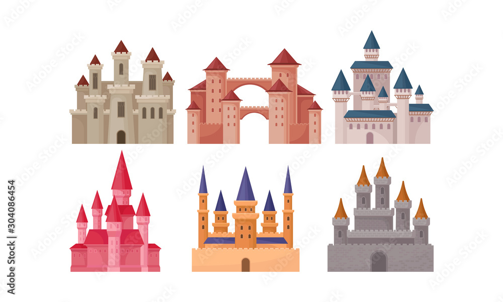 Castles and Fortresses Vector Set. Medieval Buildings Collection - obrazy, fototapety, plakaty 