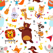 Cute Adorable Animals Character With Musical Instrument.