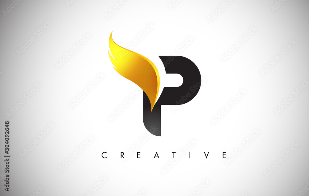 Gold P Letter Wings Logo Design with Golden Bird Fly Wing Icon. Stock ...