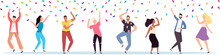 Group Of Young Happy Dancers Or Men And Women Isolated On A White Background. Smiling Young Men And Women Enjoy A Dance Party. Flat Style. Vector Illustration