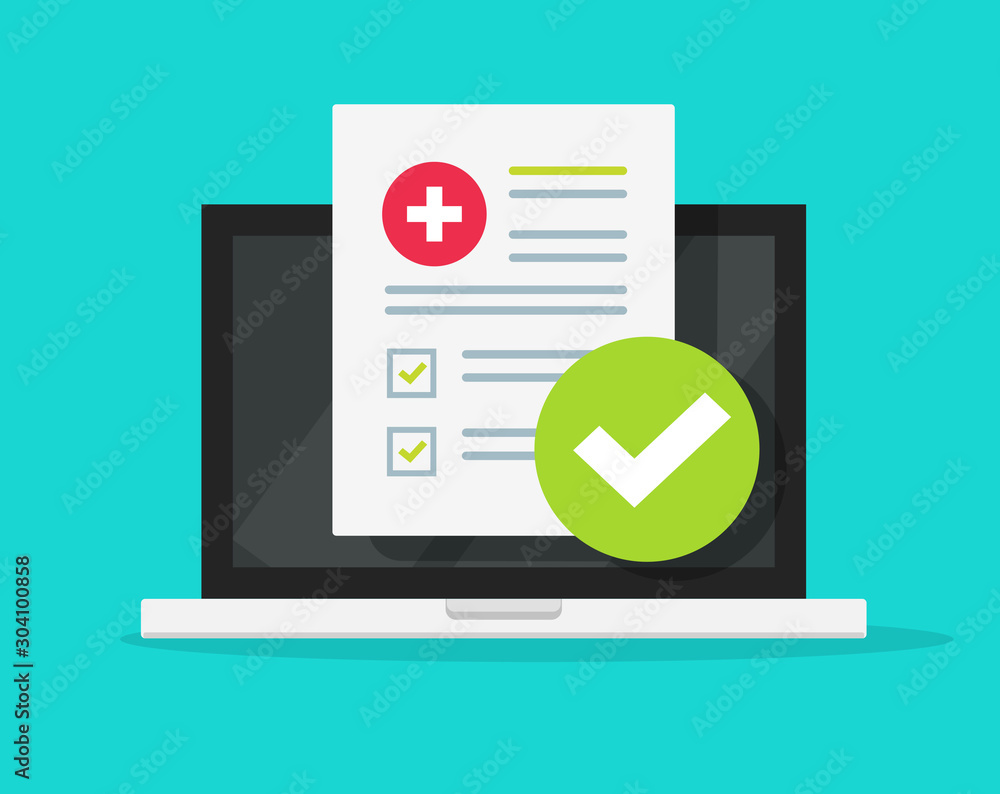 Medical form check list with results data and approved check mark online on laptop screen vector icon, flat cartoon computer and clinical checklist document report and checkbox, tele medicine service - obrazy, fototapety, plakaty 