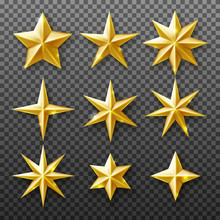 Gold Star Set Isolated On Transparent Background. Vector Realistic Decoration