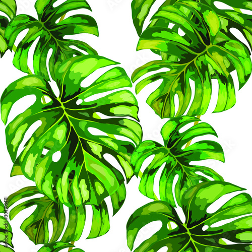Seamless pattern with tropical leaves. Beautiful allover print with hand draw...