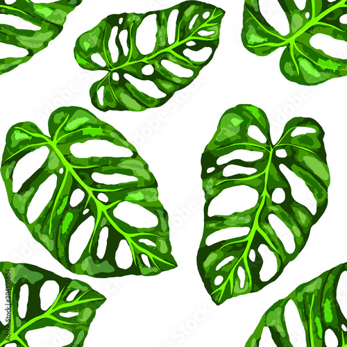 Seamless pattern with tropical leaves. Beautiful allover print with hand draw...