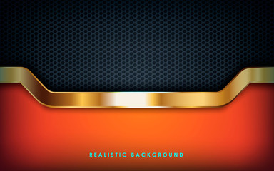 Dark abstract background with orange overlap layers. Texture with gold effect element decoration. Luxury design concept.