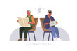 Elderly Man reading Newspaper, Teenage Boy using Tablet. Two People Characters Arguing. Baby Boomer and Millennial or Generation Z Conflict. Generation Gap Concept. Flat Cartoon Vector Illustration.