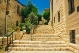 Fototapeta Na drzwi - Jerusalem holy land city old street landmark Middle East urban view stairway between stone buildings in park outdoor district with green trees and plants in bright clear weather day time 
