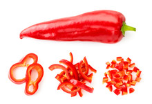 Sweet Red Pepper And Three Piles Of Sliced Pieces, Set On A White Background. The View Of Top.