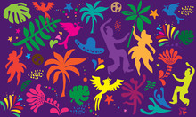 Brazilian Carnival 2020 Samba Festival Abstract Summer Holiday Beach Party Festival Carnival Banner With Birds, Palm Tree Leaves, Dancer Women People Flowers Tropical Icon Pattern Fiesta Vector