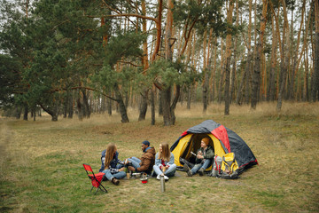 Group of friends on a camping or hiking trip in autumn day. Men and women with touristic backpacks having break in the forest, talking, laughting. Leisure activity, friendship, weekend. Eat and drink.