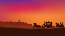 Antique Carriage With Knights Retinue Riding Horses And Ancient City Silhouette - Fairy Tale Kingdom Vector Sunset Scene