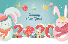 Happy New Year 2020 Celebration Cute Rabbits With Scarf Town Snow Balls Stars