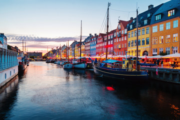 Wall Mural - View of famous Nyhavn area in the center of Copenhagen, Denmark at evening