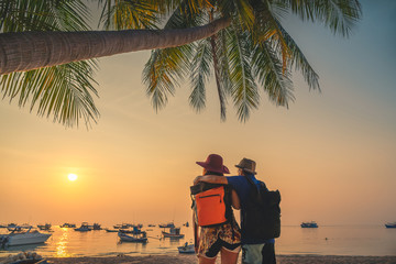 Wall Mural - Happy honeymoon couple traveler joy fun nature scenic landscape sunset beach Koh Tao, Attraction landmark travel Thailand, Tourist on summer holiday vacation, Tourism beautiful destinations place Asia