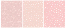 Cute White Stars And Dots Seamless Vector Patterns. Tiny Stars Isolated On A Pink Background.Light Pastel Pink Simple Infantile Sky Design.Delicate Dotted Vector Print Ideal For Fabric, Card, Layout.