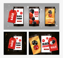 Canvas Print - set poster of black friday with smartphone and decoration vector illustration design