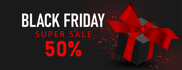 Horizontal black friday super sale with gift box with red bow.Dark background banner, poster, header website. vector illustration.Card promotion design.